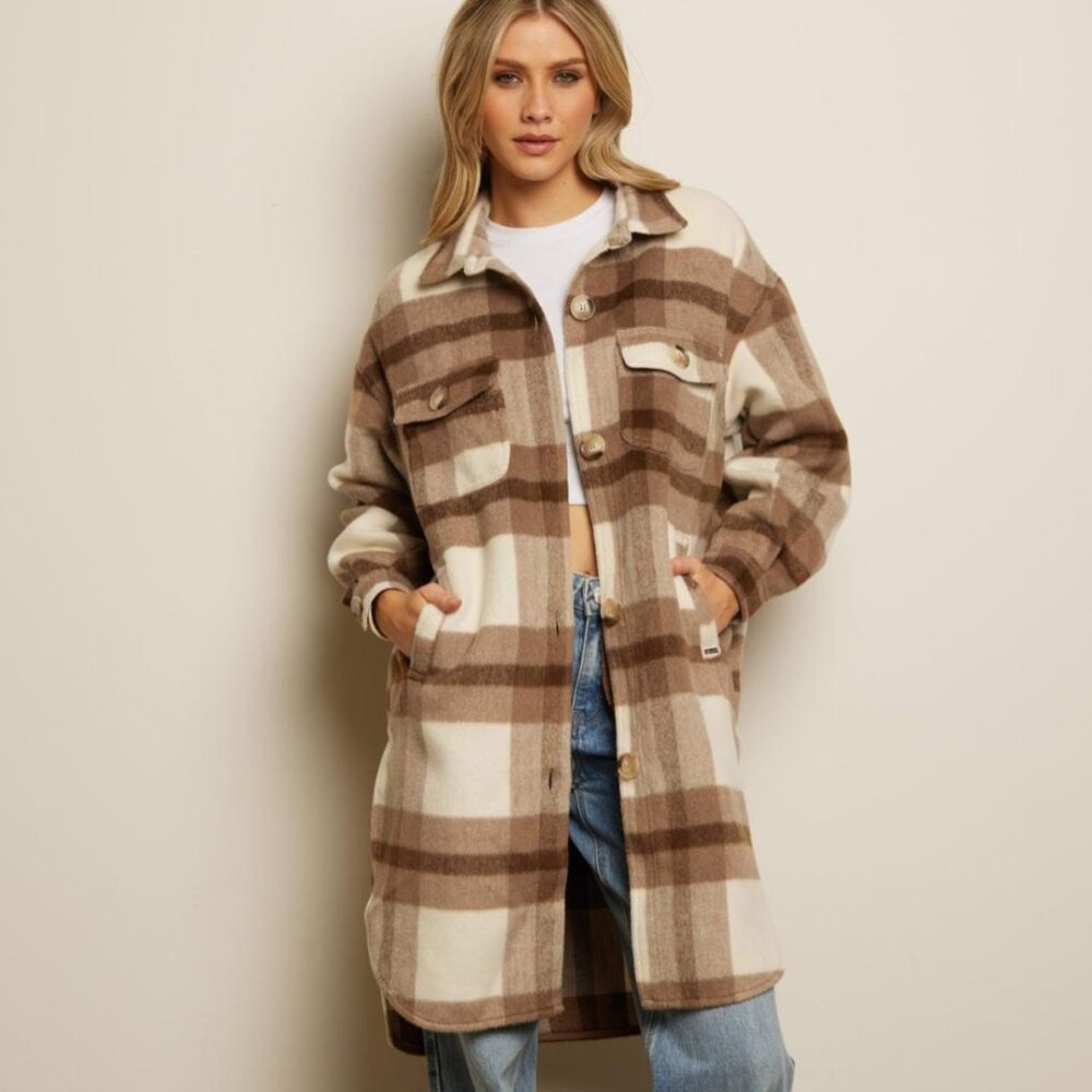 NWT ALTEREDREAMS Hayden Plaid Shirt Jacket XS Oversized Shacket Cream Brown